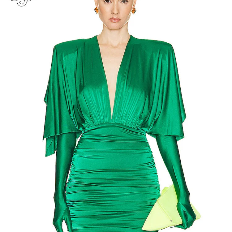 Fashion Streetwear Women'S Dress For Special Event Sexy V Neck Draped Design Green Slim Thin Mini Dress With Gloves