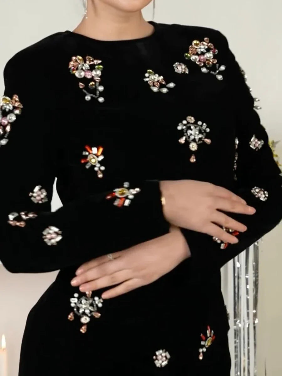 Solid Slimming Two Piece Sets for Women Round Neck Long Sleeves Patchwork Diamonds Top High Wasit Skirt Female New