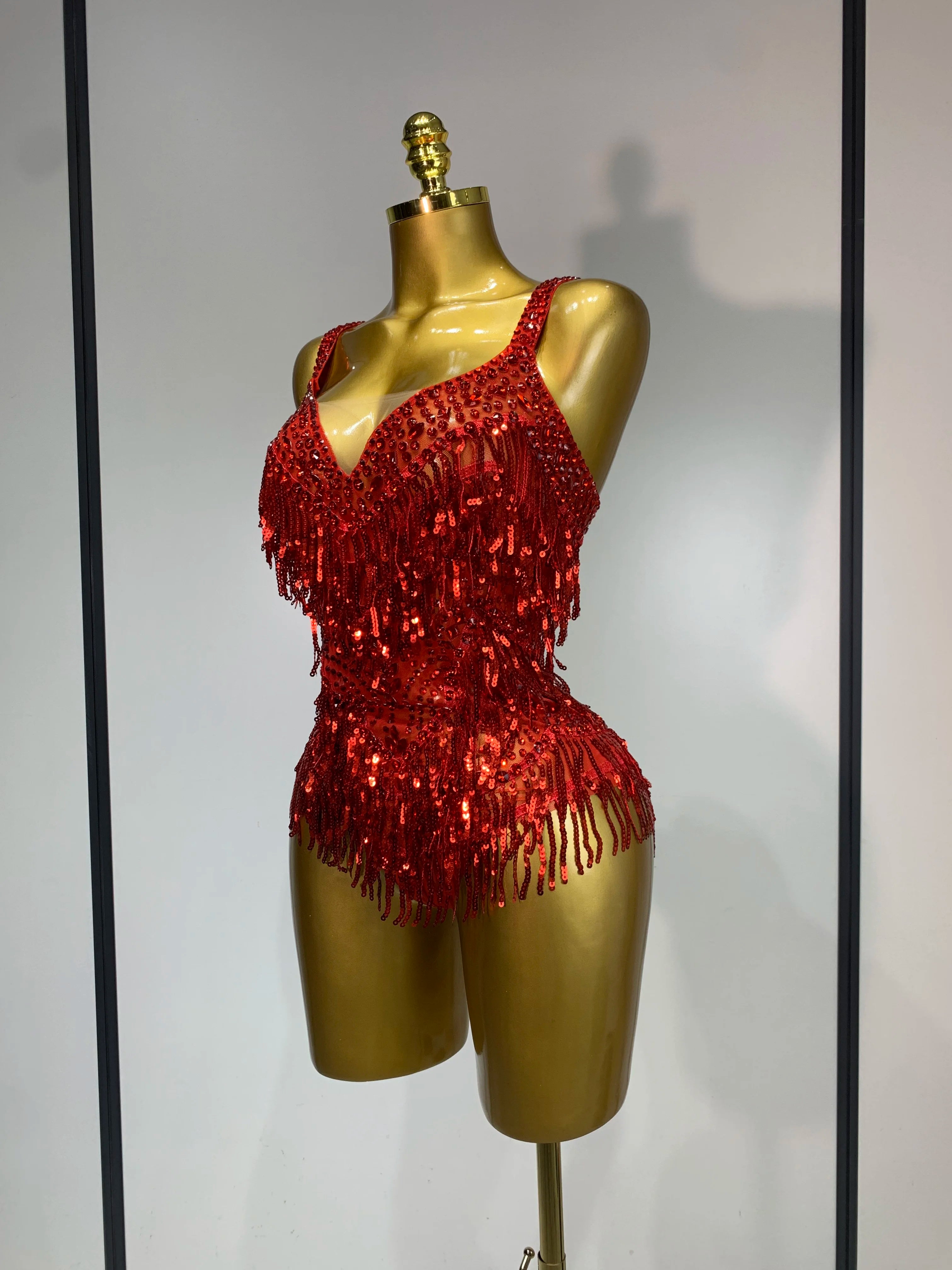 Sparkly Rhinestone Tassel Sexy Backless Mesh Bodysuit Women Luxury Birthday Party Nightclub Bar Dencer Stage performance Costume
