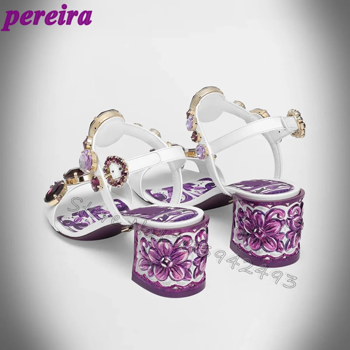 Purple Floral Heeled Sandals Gemstone Heels Women Luxury Designer Shoes Summer Square Heel Buckle Strap Shoes Elegant Sandalias