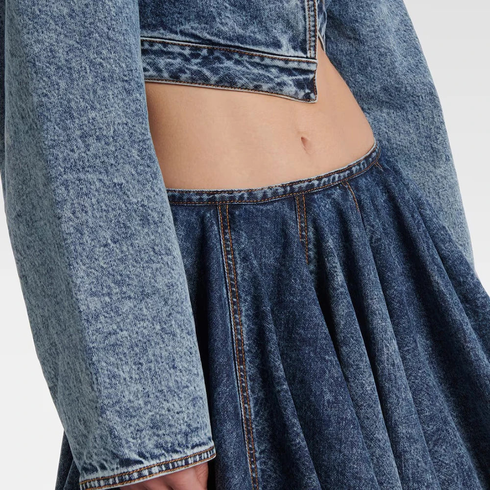 Cowboy Sslimming Two Piece Sets for Women Lapel Long Sleeves Top High Waist Spliced Folds Skirts Set Female Fashion