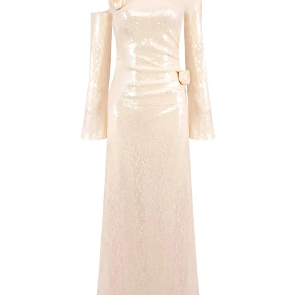 2025 Sexy Women's 3D Flower Shining Glitter Maxi Dress with Diagonal Collar Long Sleeve Bodycon Long Dress Evening Club Vestidos Gold