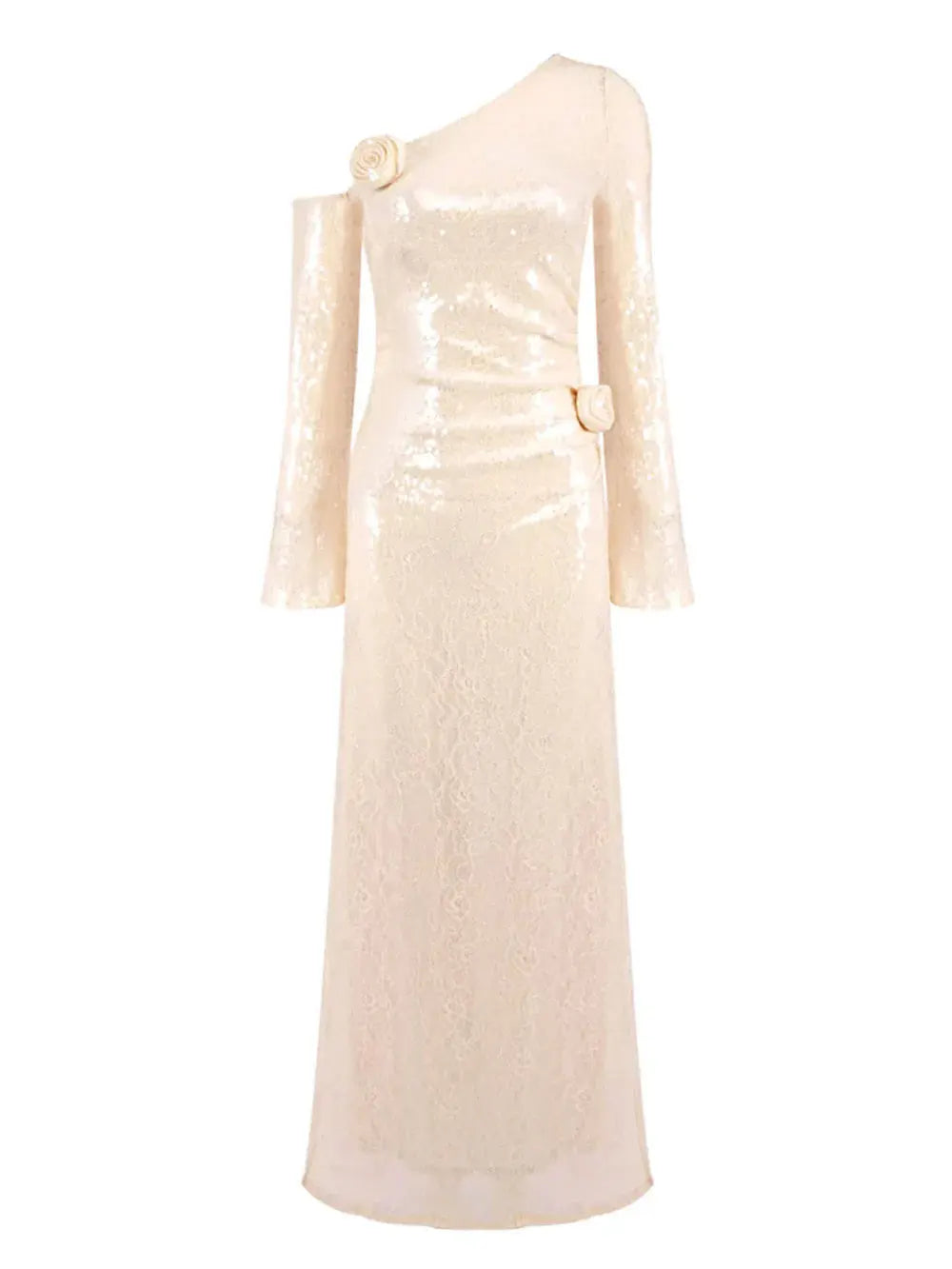 2025 Sexy Women's 3D Flower Shining Glitter Maxi Dress with Diagonal Collar Long Sleeve Bodycon Long Dress Evening Club Vestidos Gold