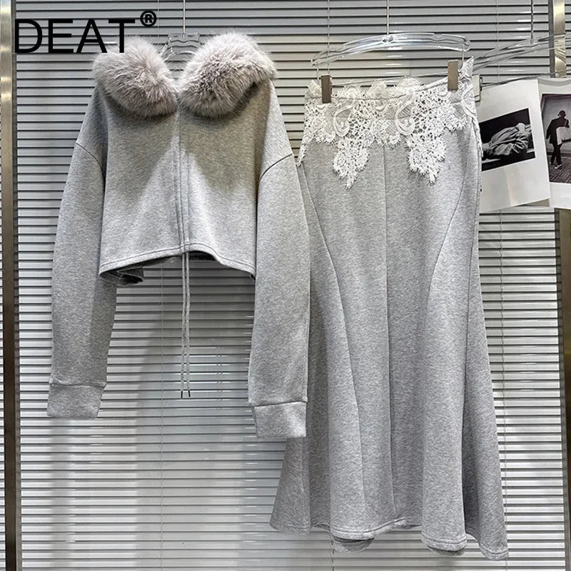Winter New Fashionable Big Fur Collar Drawstring Sweatshirt Lace Waist Mermaid Skirt Thickened Set For Women 11A07480
