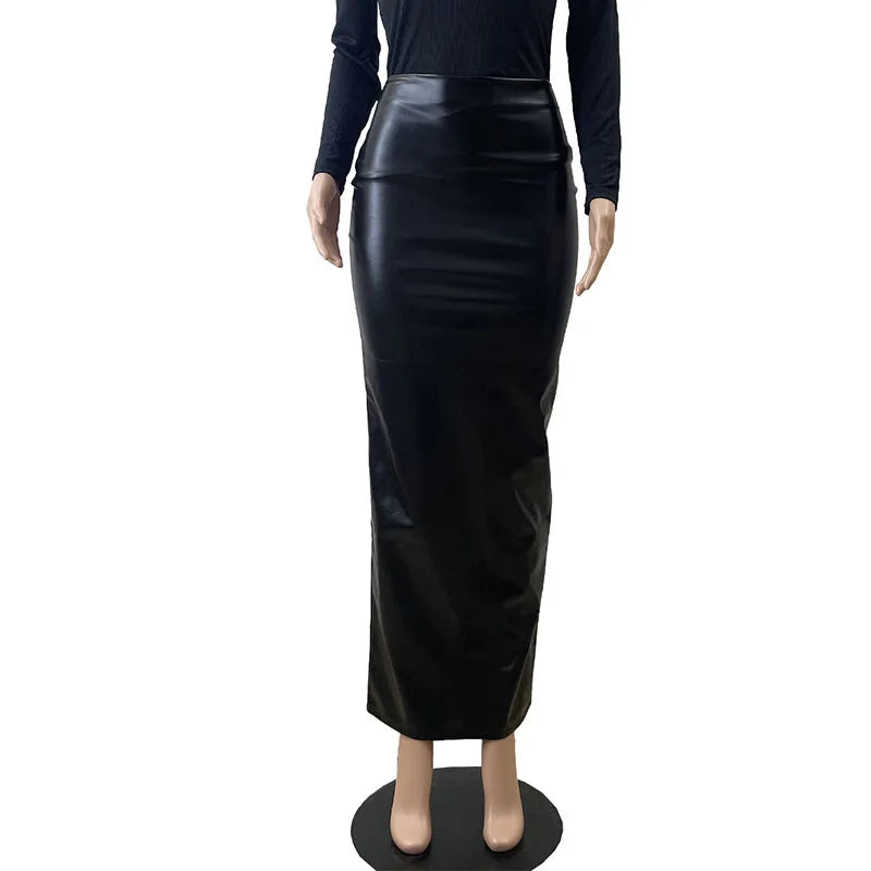 Mutevole Sexy Pu Leather Full Zipper Long Skirt Women Black Faux Leather High Split Slim Fit Maxi Skirt black