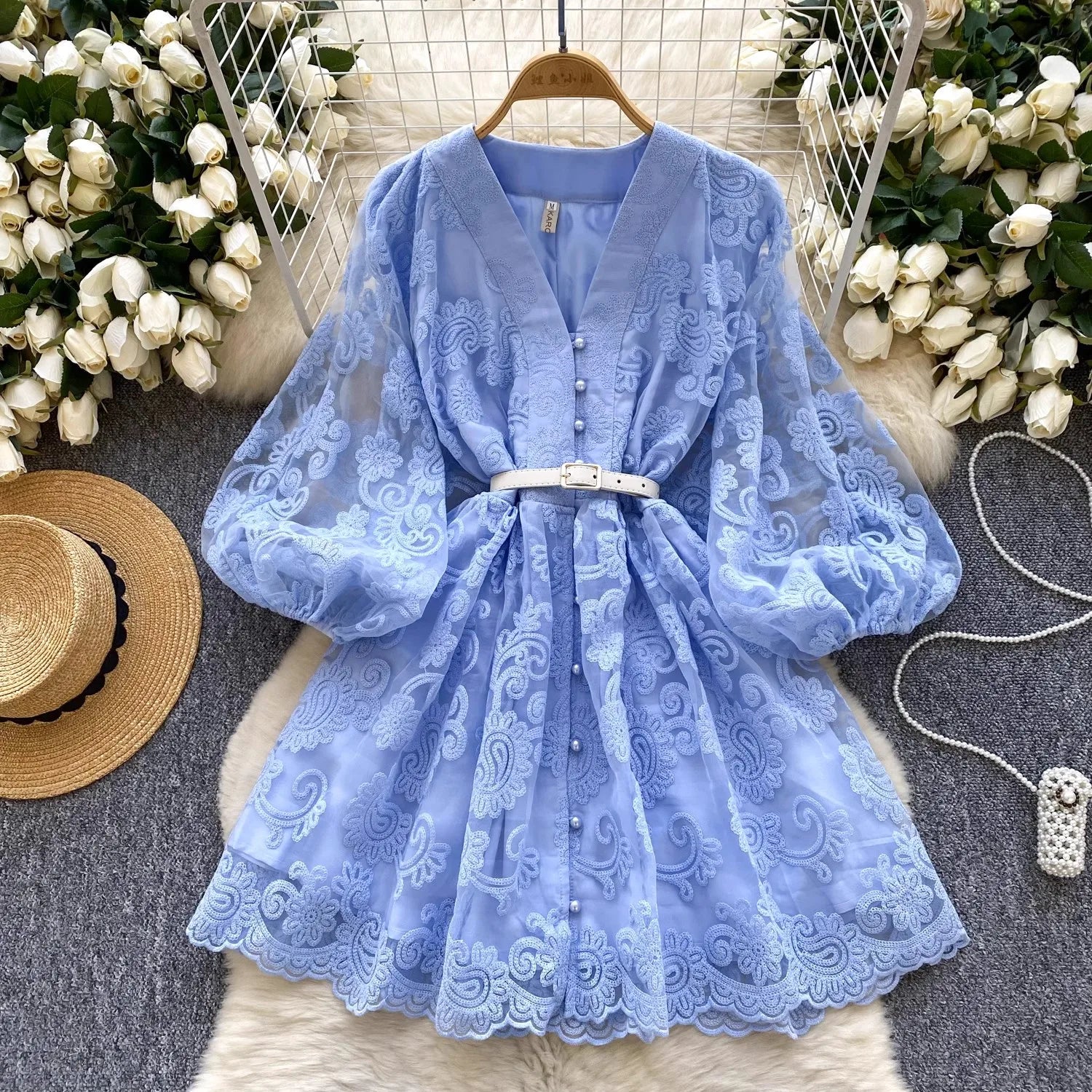 French Sweet V Neck Lantern Sleeve Mini Dress Summer Women Embroidery Flower Mesh Patchwork Belt Casual Beach A-Line Party Robes blue
