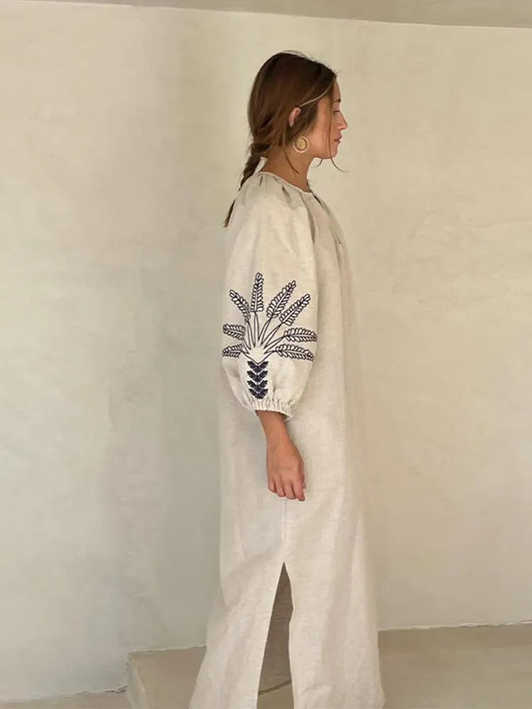 Fashion Linen Printed Women's Slit Maxi Dress Casual Loose V Neck Long Cuff Sleeves Vestidos Spring Lady Vacation Chic Robe Beige