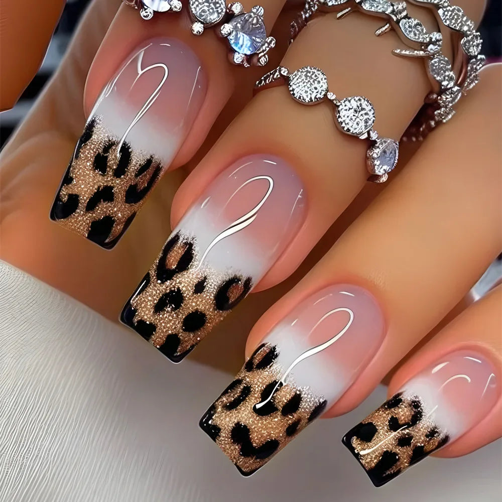 24pcs Mid-length French False Nails Leopard Print Gradient Design Fake Nail Ballet Datachable Press on Nails Finished Manicure CY1043-B7