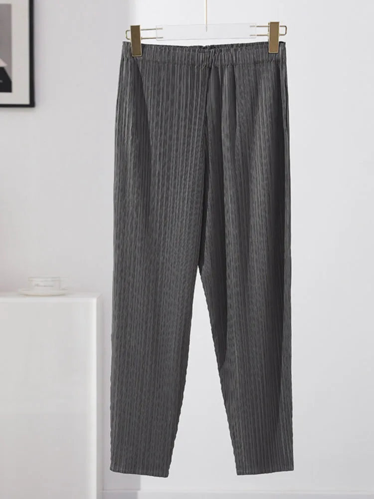 LANMREM Pleated Solid Color Harem Pants Women Pocket Elastic High Waist Female Fashion Ankle-length Trousers Summer 2I576 Gray One Size