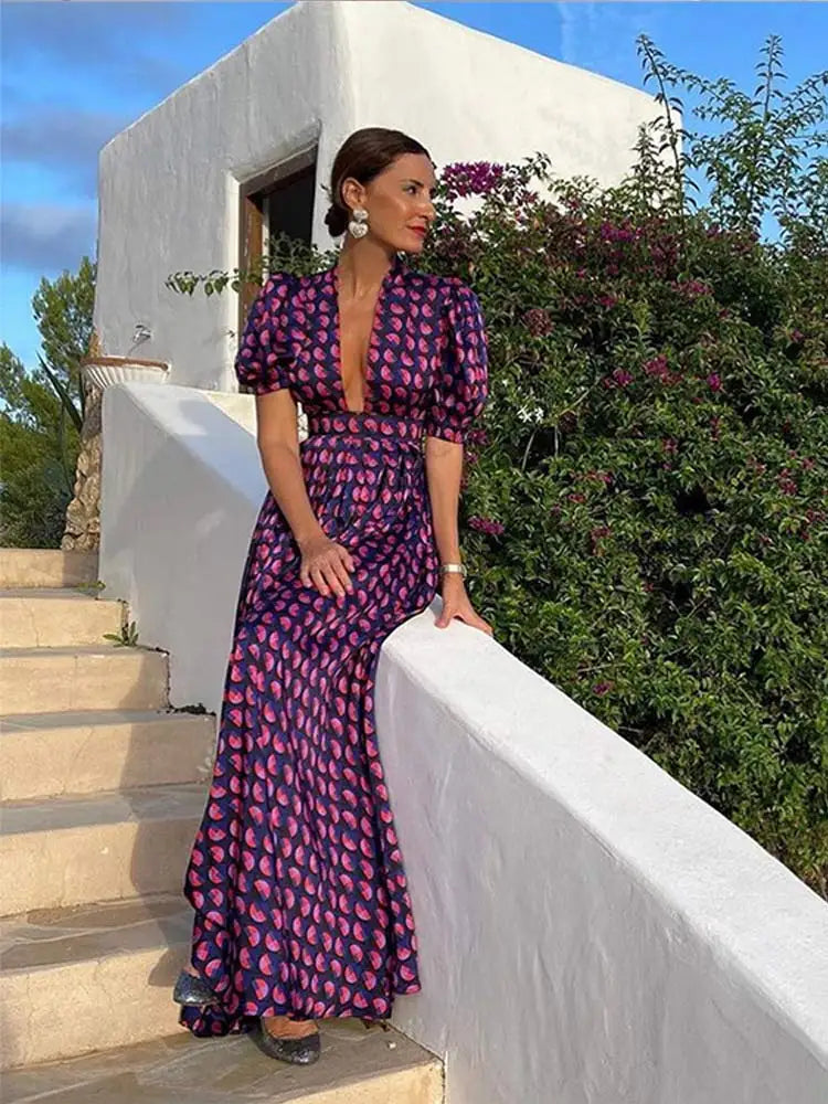 Fashion Deep V-neck Printed Pockets Long Dresses For Women Elegant Short Sleeved A-line Dresses Summer Female Party Evening Robe