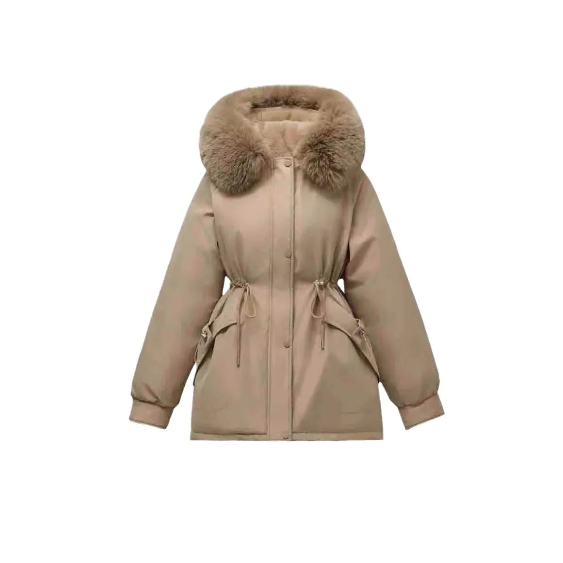 Winter Women's Jacket Female Fur Collar Thicken Warm Cinching Parka Coats Women's 2 Pocket Drawstring Waist Cotton Jacket
