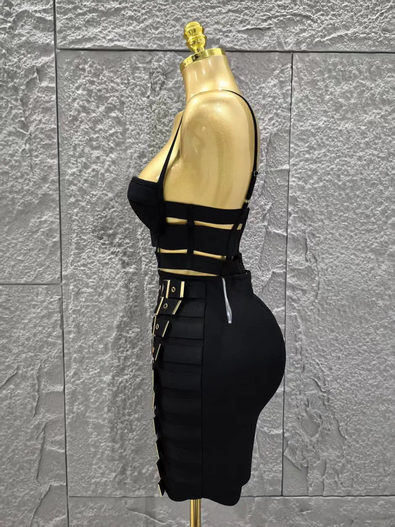 Black Color Women Sleeveless Sexy Strap 2 Pieces Bodycon Mini Bandage Dress Nightclub Party Birthday Fashion Outfit Vestido