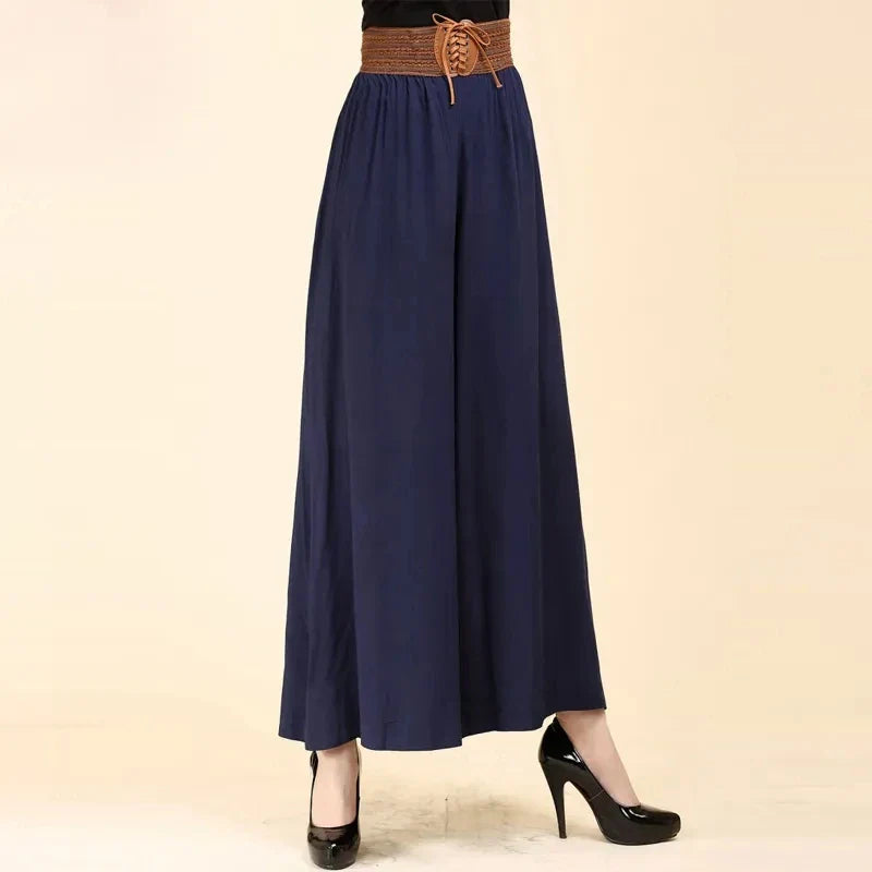 Casual Elastic High Waist Lace Up Belt Wide Leg Loose Women's Pants Korean Fashion Full-Length Pants For Women Spring Blue