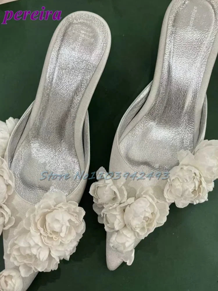 Multi Flower Wedding Sandals Satin Pointed Toe White Pull On High Heel Solid Slip On Blossom Shallow Outdoor Dress Party Mules