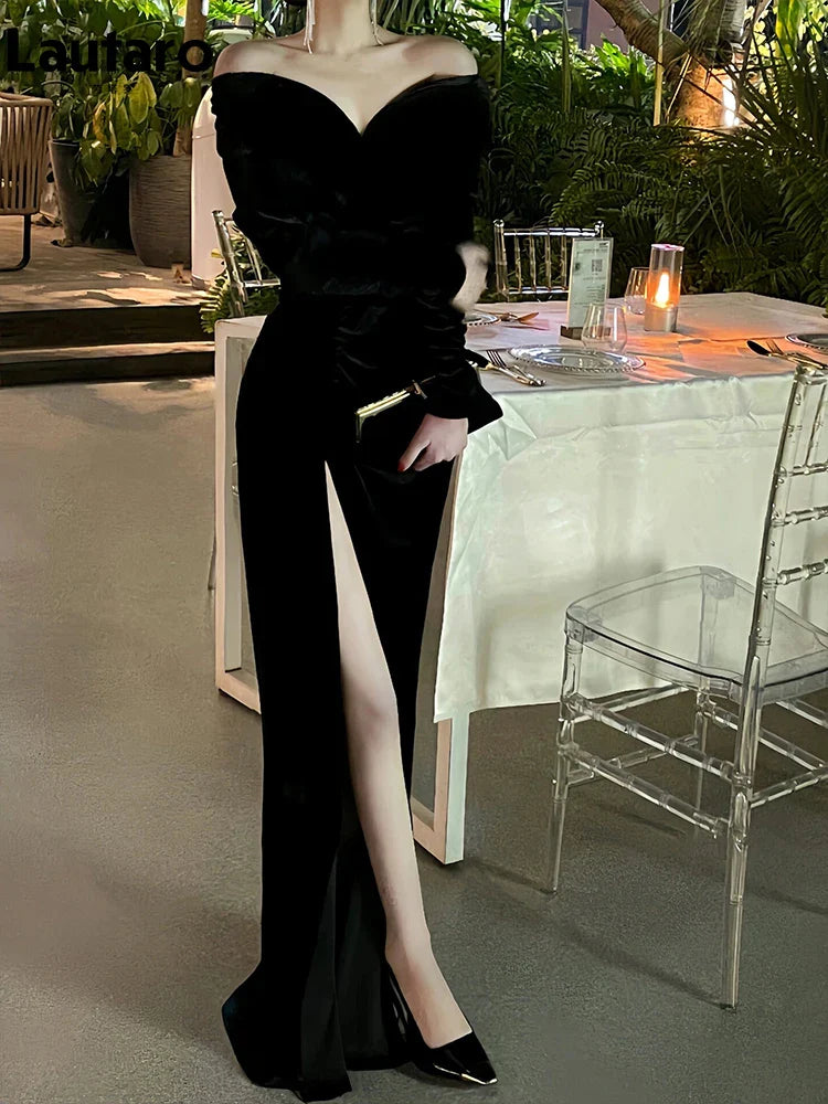 Spring Long Sexy Black Stretchy Fitted Birthday Party Evening Dresses for Women Luxury Elegant Off the Shoulder Clothing