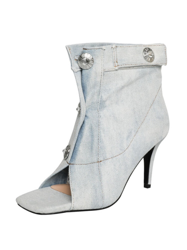 Women's Summer European and American Vintage Denim Slim High Heel Button Sandals Fashion New Open Teeth Large Size Sandals 137-Baby blue