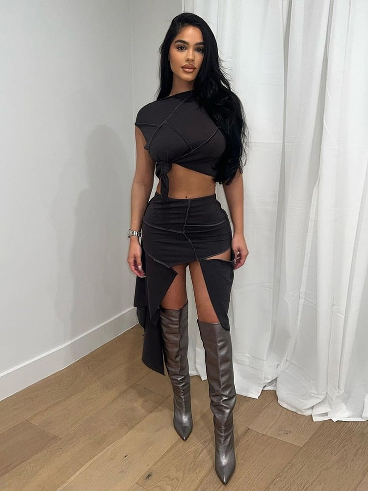 Two Piece Set Women Ripped Grunge Outfits Sexy Sleeveless Slim Crop Top+High Waist Cut Out Midi Skirts 2024 Spring Fall Y2K Suit
