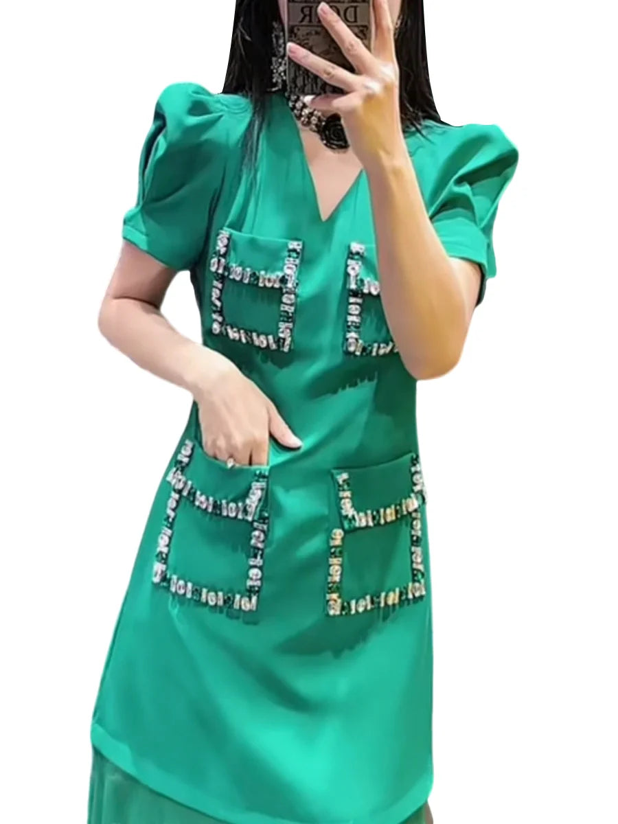 Solid Slimming Spliced Pockets Dresses for Women V Neck Short Sleeves Patchwork Bead Elegant Dress Female Clothing