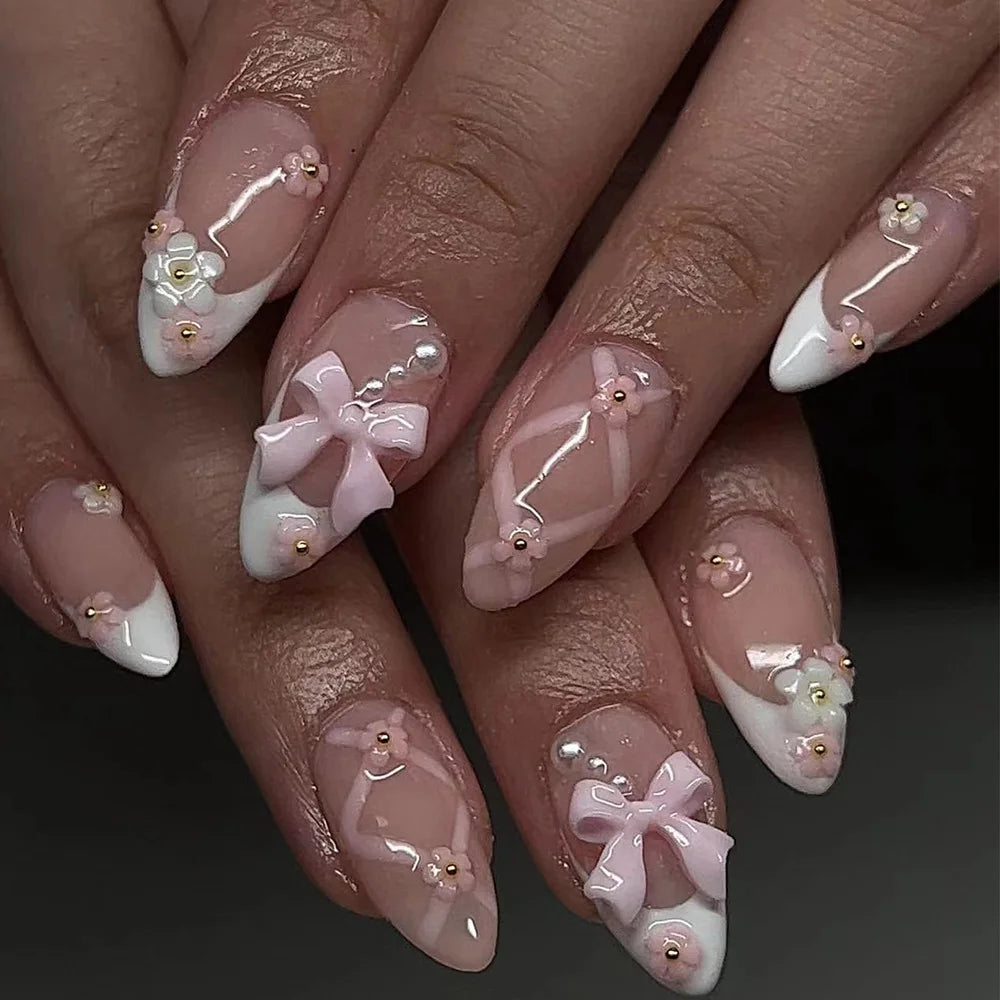 24pcs Nude Pink Cat Eye Press on Nails Shiny French Almond False Nail Tips Wearable Reusable Sweet Flower Decor Fake Nails 5