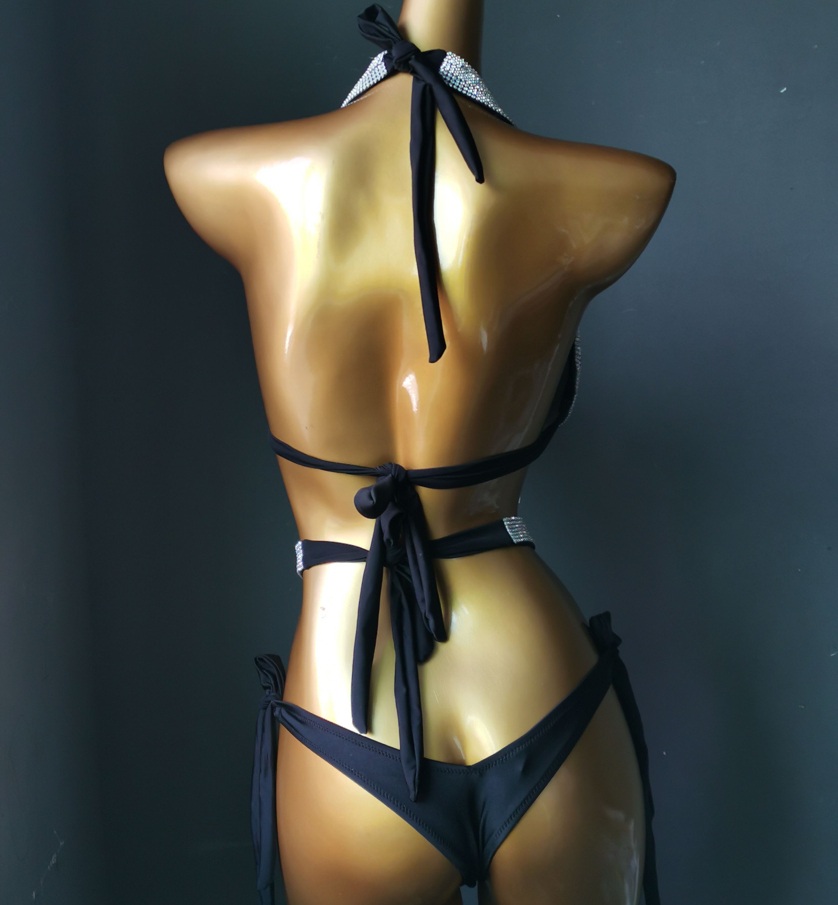 Sexy Gathered Bikinis Crystal Diamond Rhinestone Women's Swimwear Push Up Halter Bandage Female's Swimsuit