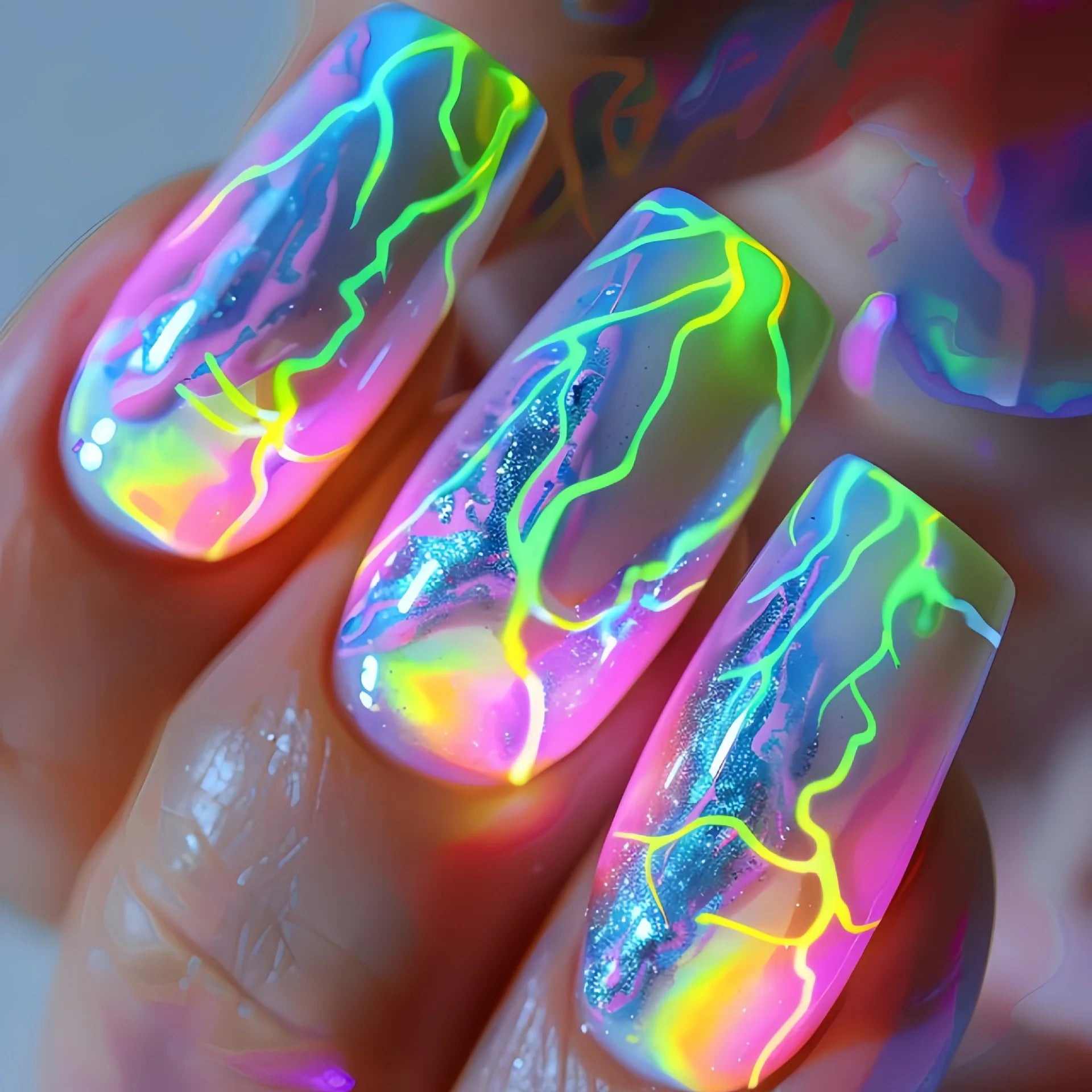 24Pcs Lightning Stripe Smudging Press on Fake Nails Mid-length Square Head False Nails Green Wearable Fashion Full Nail Art Tips 11