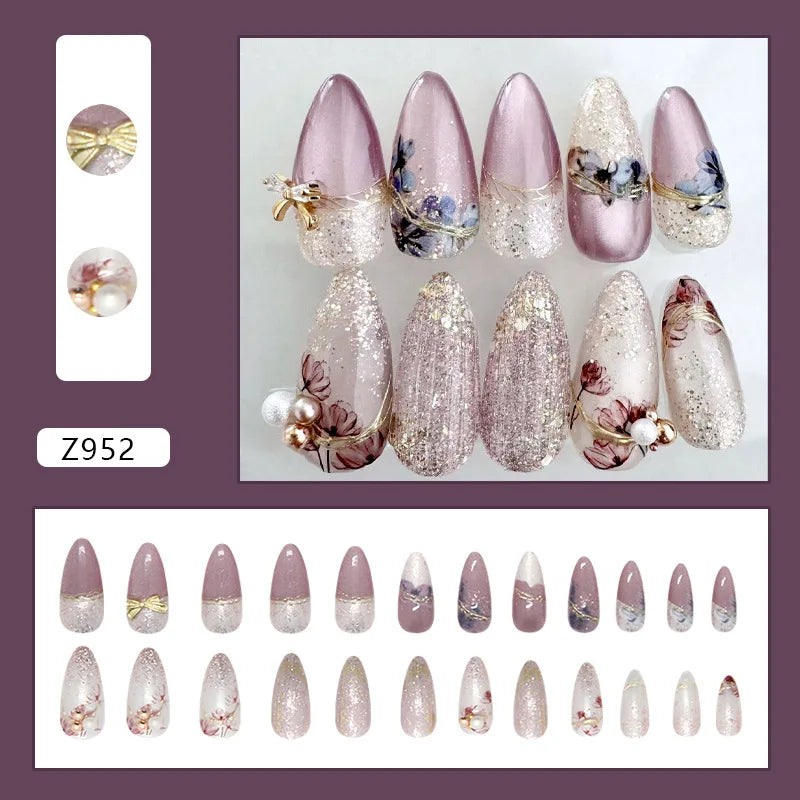 24pcs Shiny Green Cat Eye False Nails Cute Seal Print Fake Nails Tips Wearable Reusable Glossy Short Round Press on Nails 21