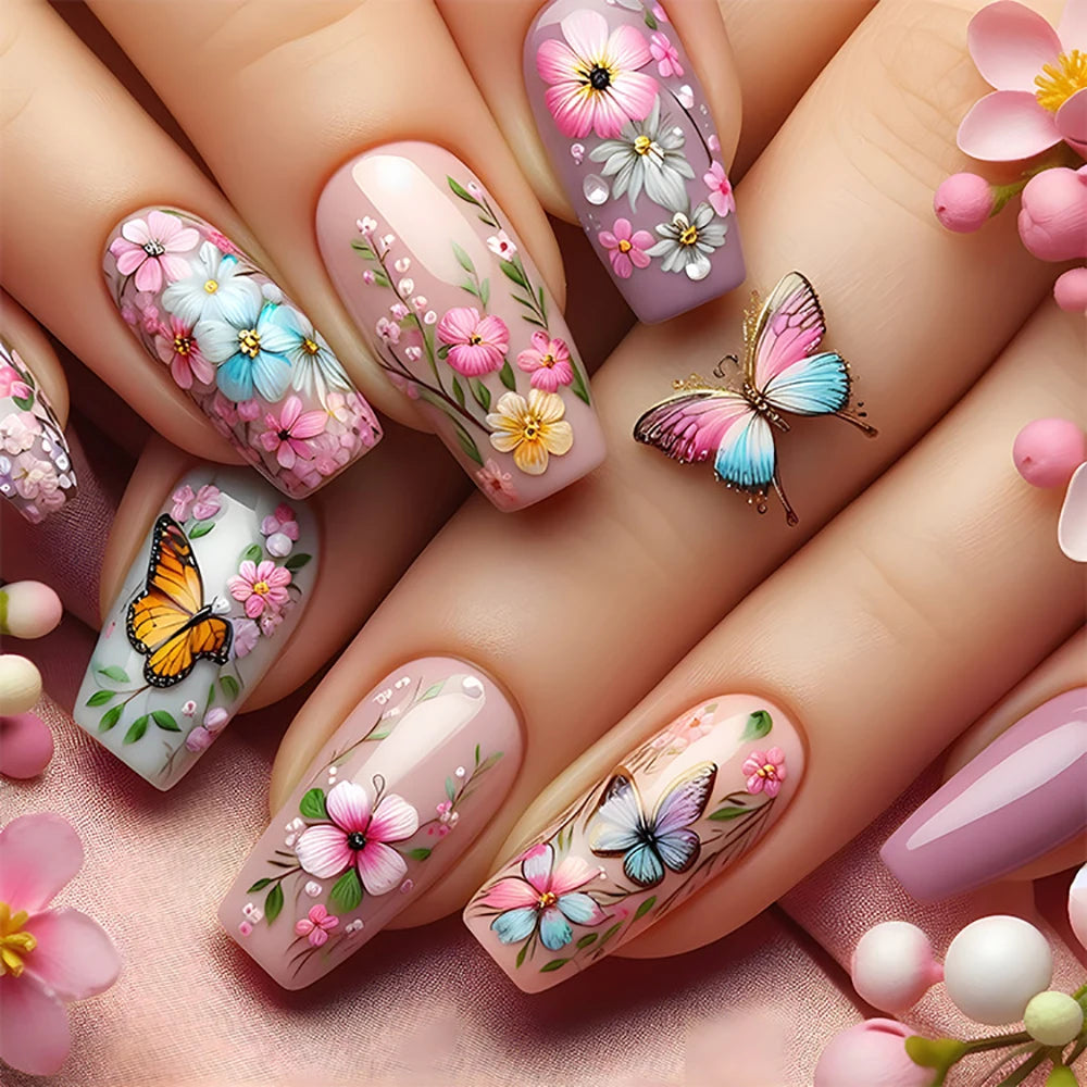 24pcs/set Short Medium long fake nails for women girls Spring summer flowers butterfly flamingo blue pink press on false nails 2020