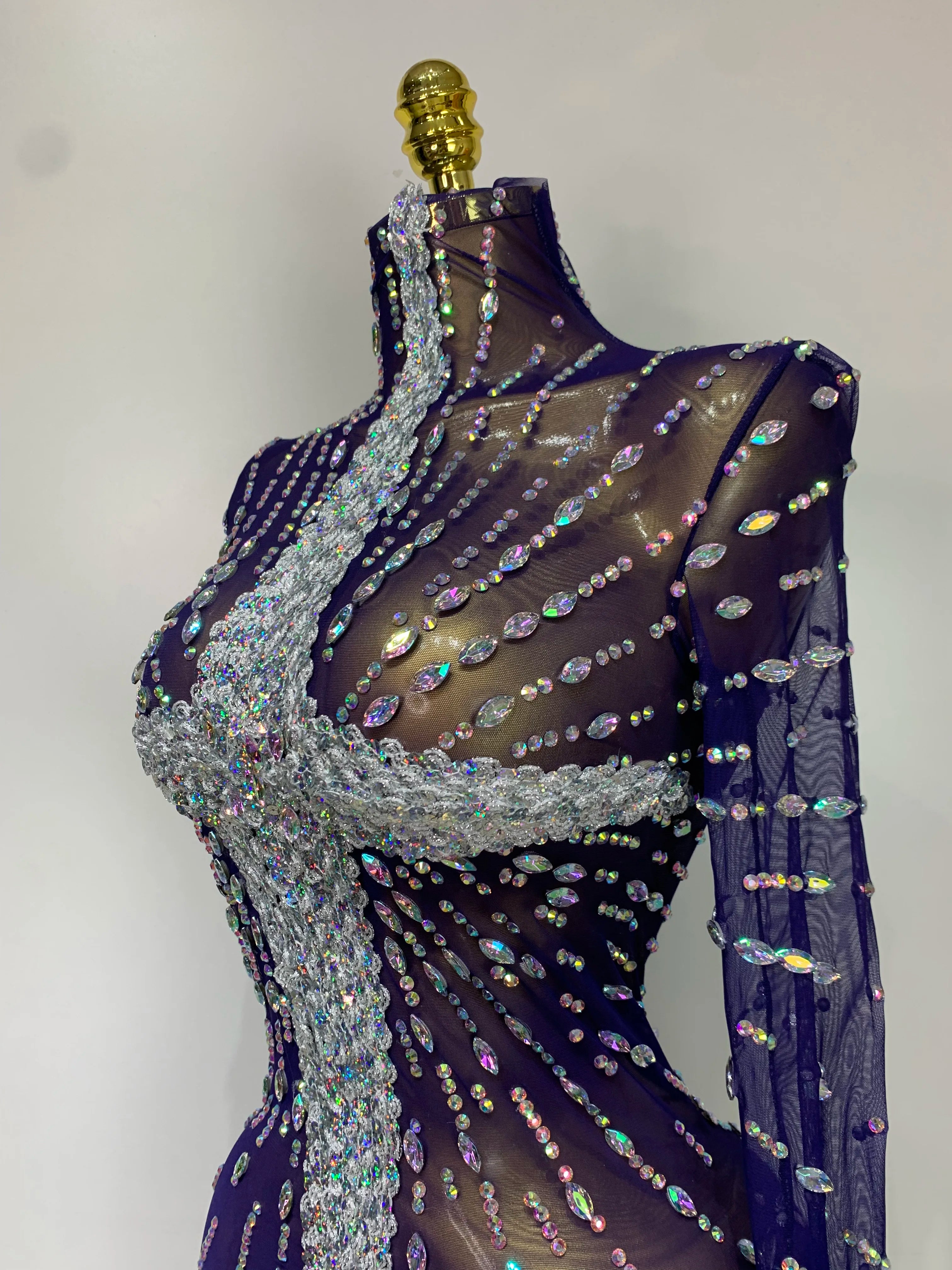 Sparkly Diamonds Mesh See Through Long Sleeves Mini Dress Women Eveing Birthday Party Sexy Nightclub Bar Singer Stage Costume