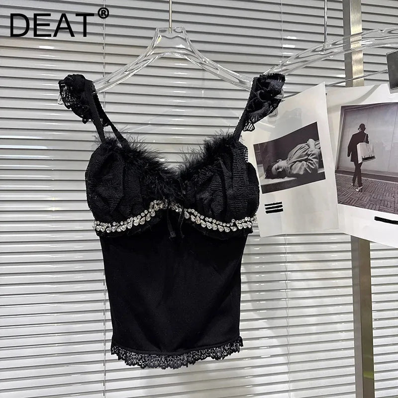 Winter New Sweet Temperament Rhinestone Edge Furry Shoulder Strap Camisole Top For Women Slim Fit Vest Female 11A07898