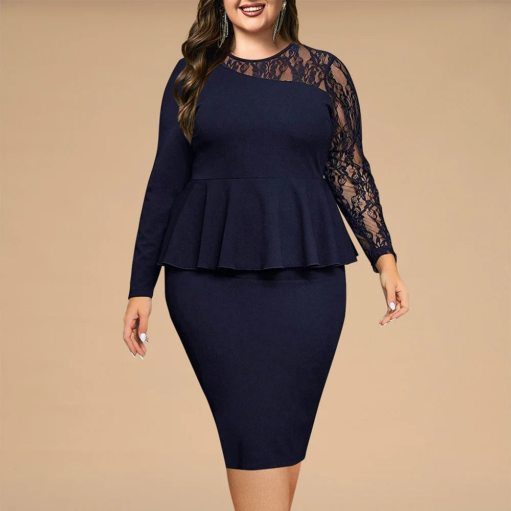 Business Attire Women Plus Size Set Elegant Lace Crew Neck Long Sleeve Slim Ruffle Tops Shirts High Waist Knee-Length Sale Suits Dark Blue