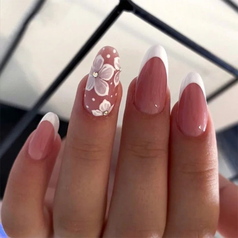 24pcs Short French Press on Nails with 3D Flower Design Fake Nail Tips Wearable Full Cover European Coffin Ballet Fake Nails 6