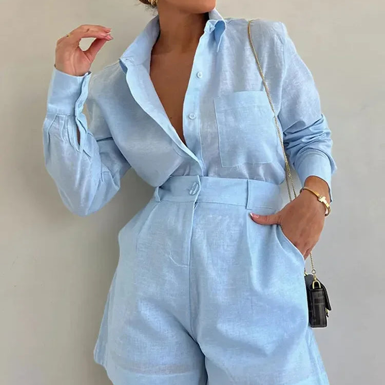 Pockets Button Shorts 2 Piece Set For Women Casual Lapel Single Breasted Long Sleeve Suits Fashion Chic Female Commute Outfits Blue