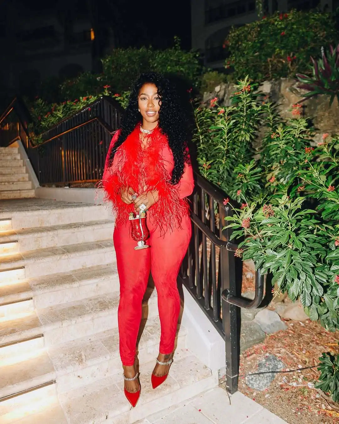 Fashion Mesh See Though Women's Set Feather Side Long Sleeve Crop Top and Legging Pants 2025 Sexy Two 2Piece Sets Outfit Red