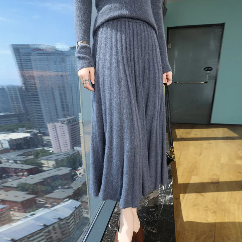 Autumn And Winter Fashion Mink Cashmere Mid Length High Waist Skirt For Women, Knitted Umbrella Skirt, Fashionable Pleated Skirt Dark Grey