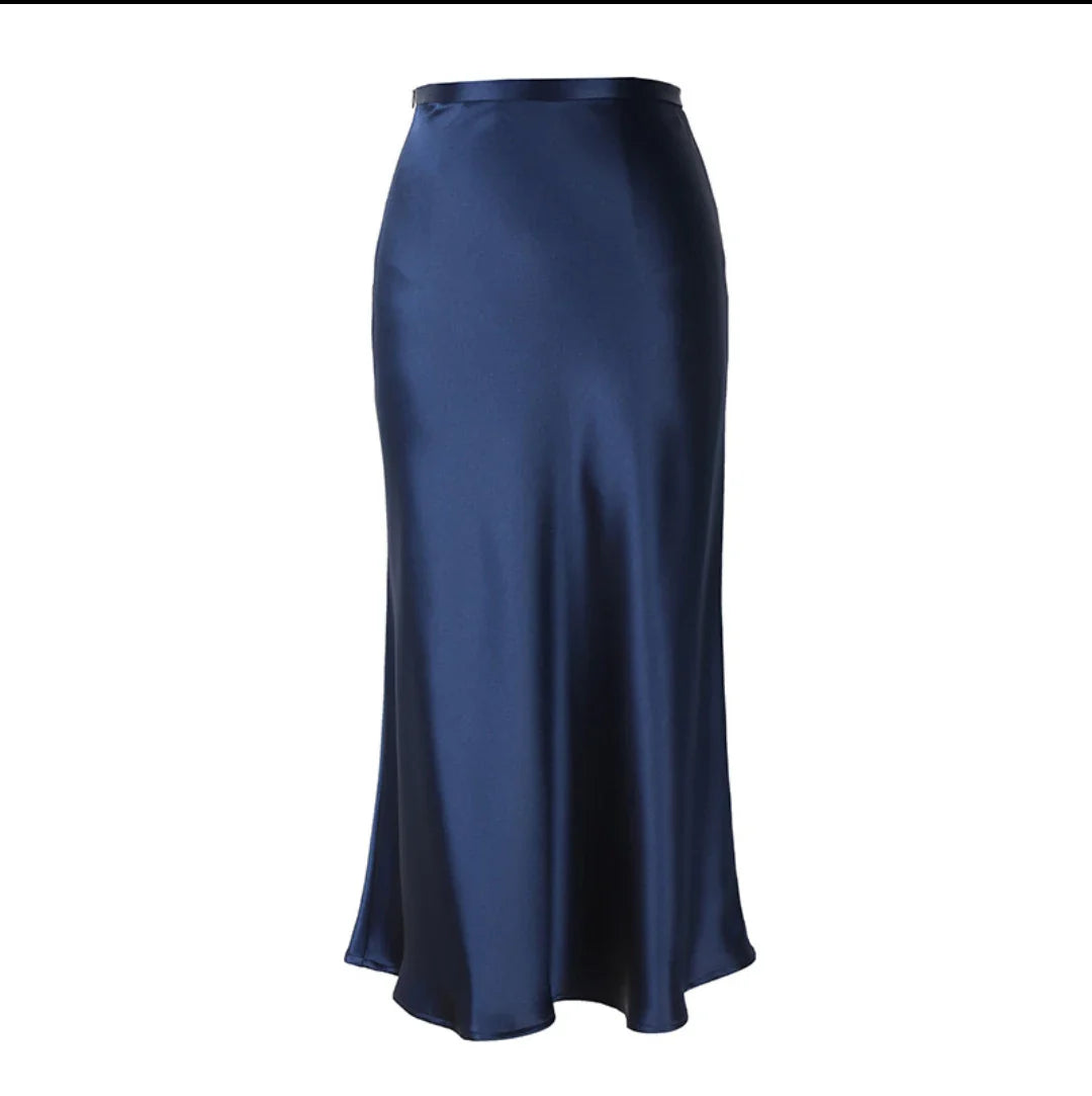 WYWM Summer High Waisted Satin Silk Skirt Women Solid 8 Color Fashion Elegant Ladies Streetwear Skirts Slim A-line Female Dress Blue