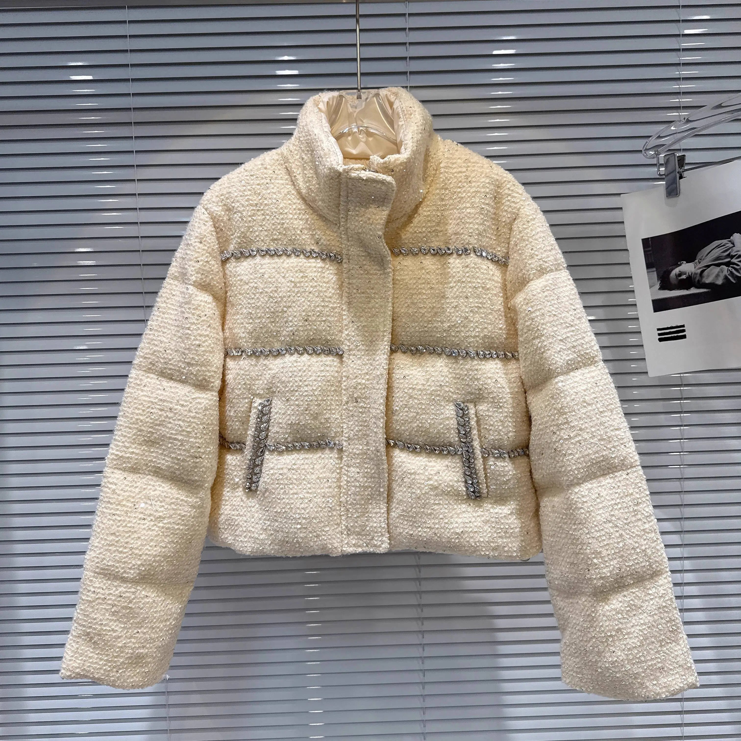 Winter New Sweet Fashion Rhinestone Beaded Edge Thick Tweed Stand Collar Warm Jacket For Women Cotton Coat 11A07587 Yellow One Size