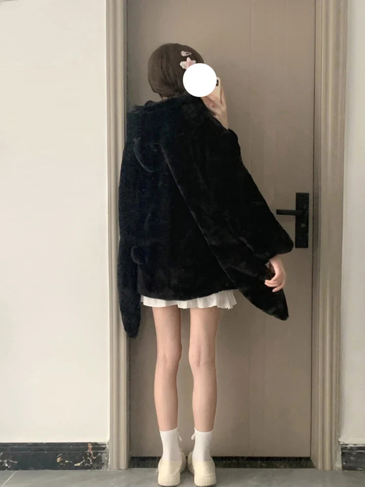 Winter Oversized Warm White Faux Fur Coat Women ith Bunny Ears Kawaii Sweet Cute Japanese Style Fluffy Jacket Hoodie Black