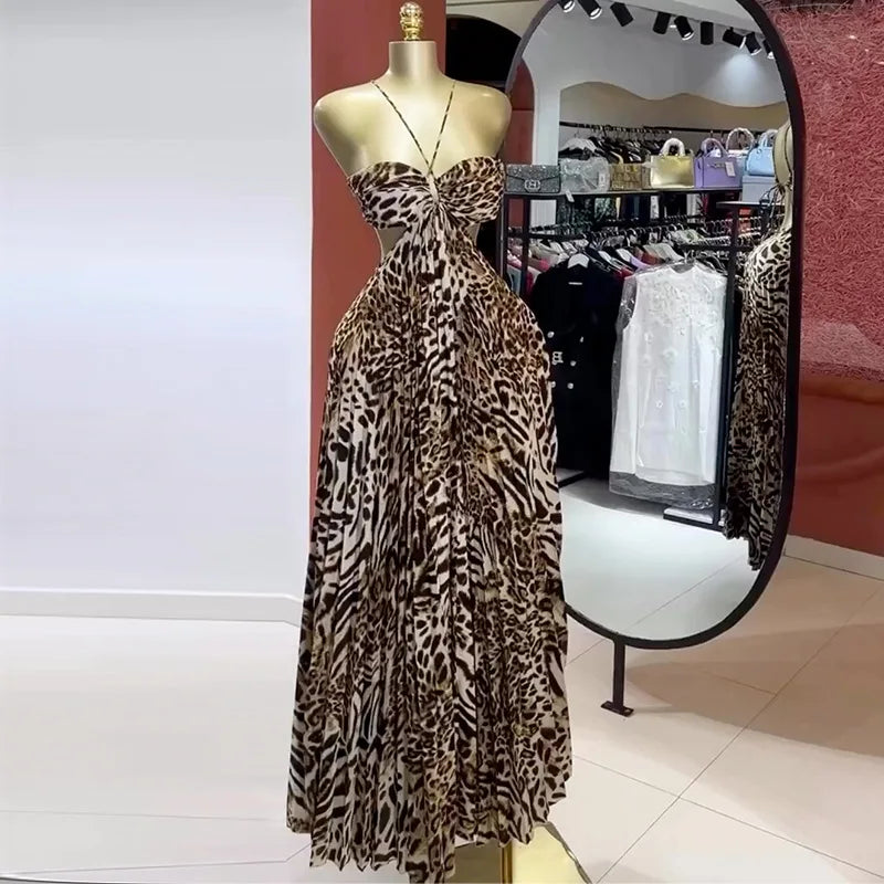 Elegant Women Leopard Print Sleeveless Strapless Floor-Length Long Dress 2025 Beach Party Birthday Sexy Pleated Dresses leopard