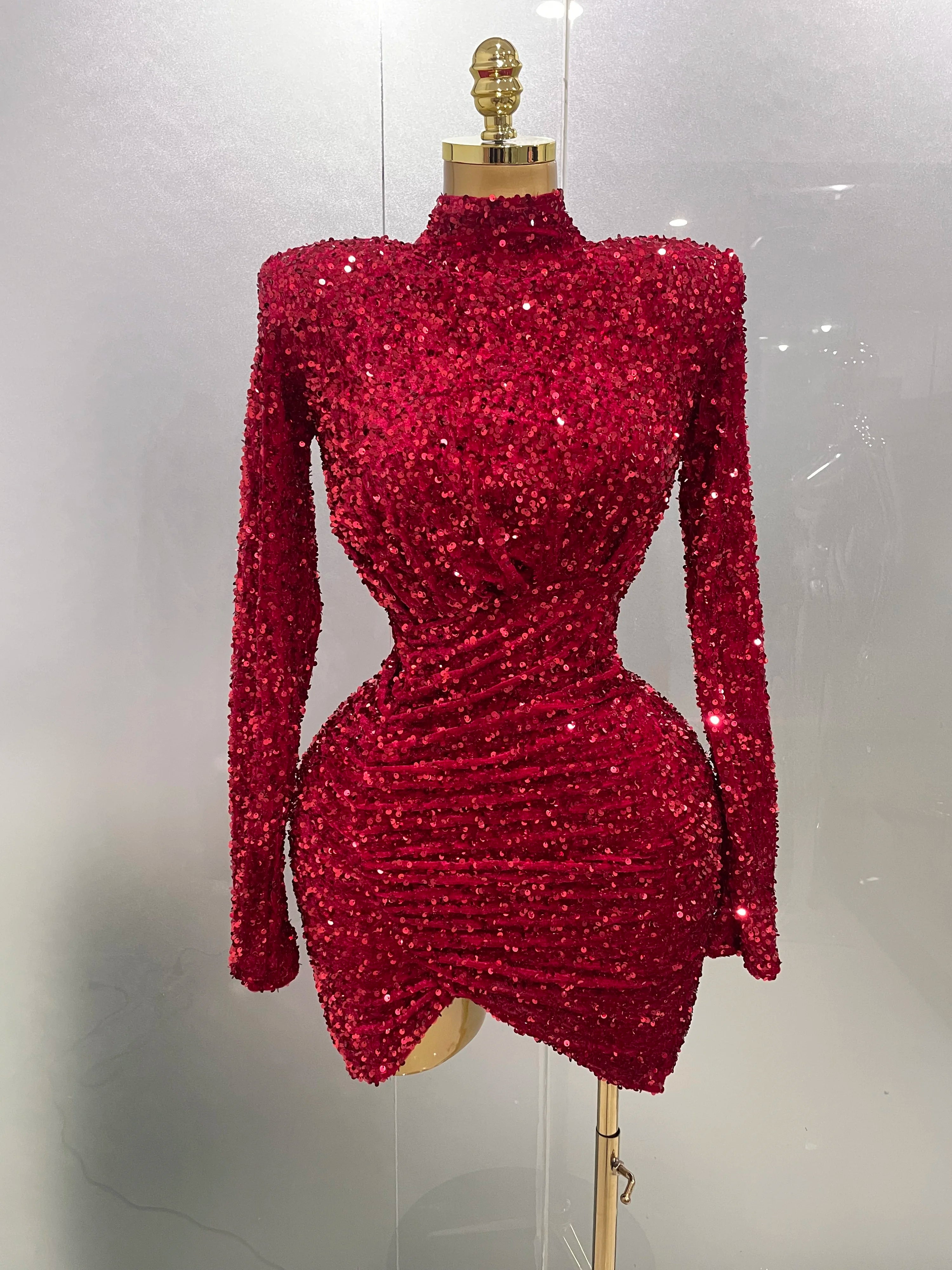 Sexy Sparkly Red Sequins Long Sleeve Short Dress 2025 New Women Evening Celebrate Birthday Party Club Performance Stage Costume Red