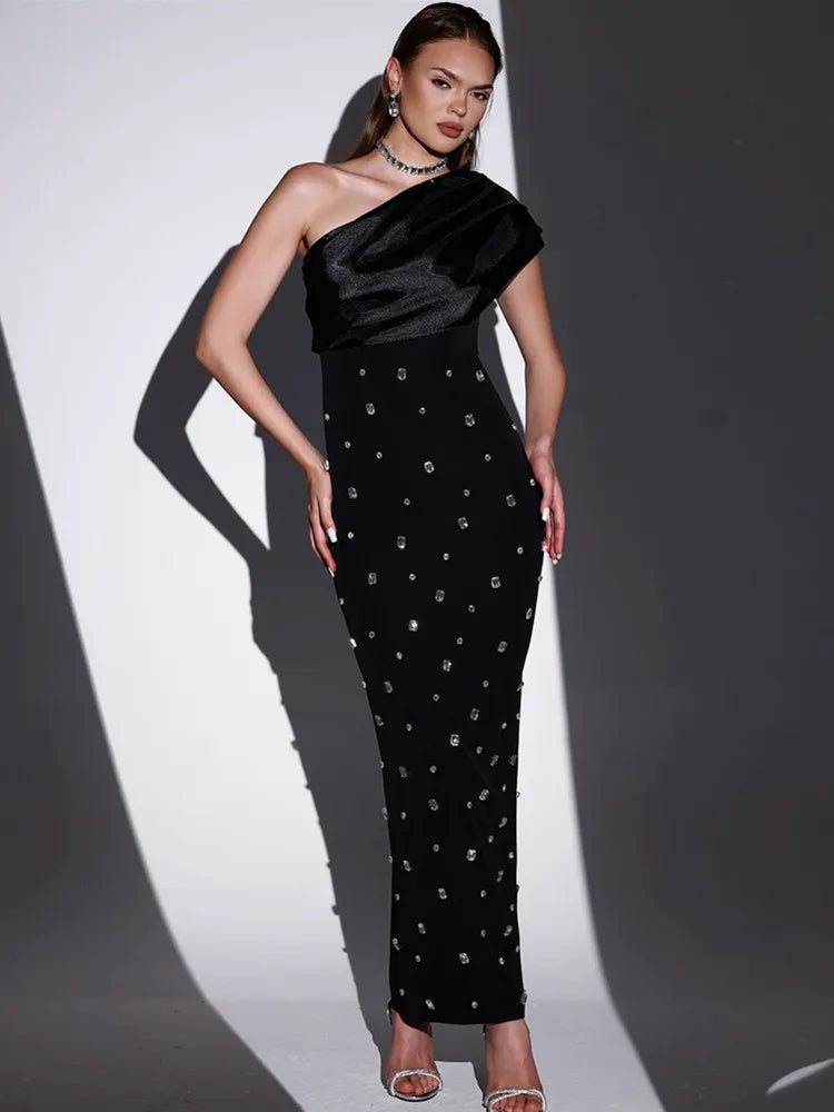 Women Sexy One Shoulder Diamonds Pink Black Maxi Long Bodycon Bandage Dress Elegant Evening Club Party Dress black