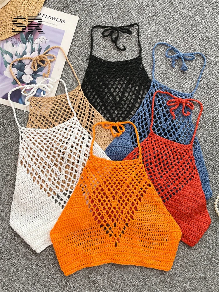 SINGREINY Summer Knit Camisole Women Hollow Out Design Solid Backless Halter Retro Fashion Ladies Sexy Beach Slim Tank Top