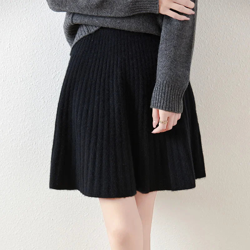 Korean Skirt 100% Merino Wool Women's Knitted Mini Skirt Autumn and Winter Women's Fashion Solid Color Small Umbrella Skirt black