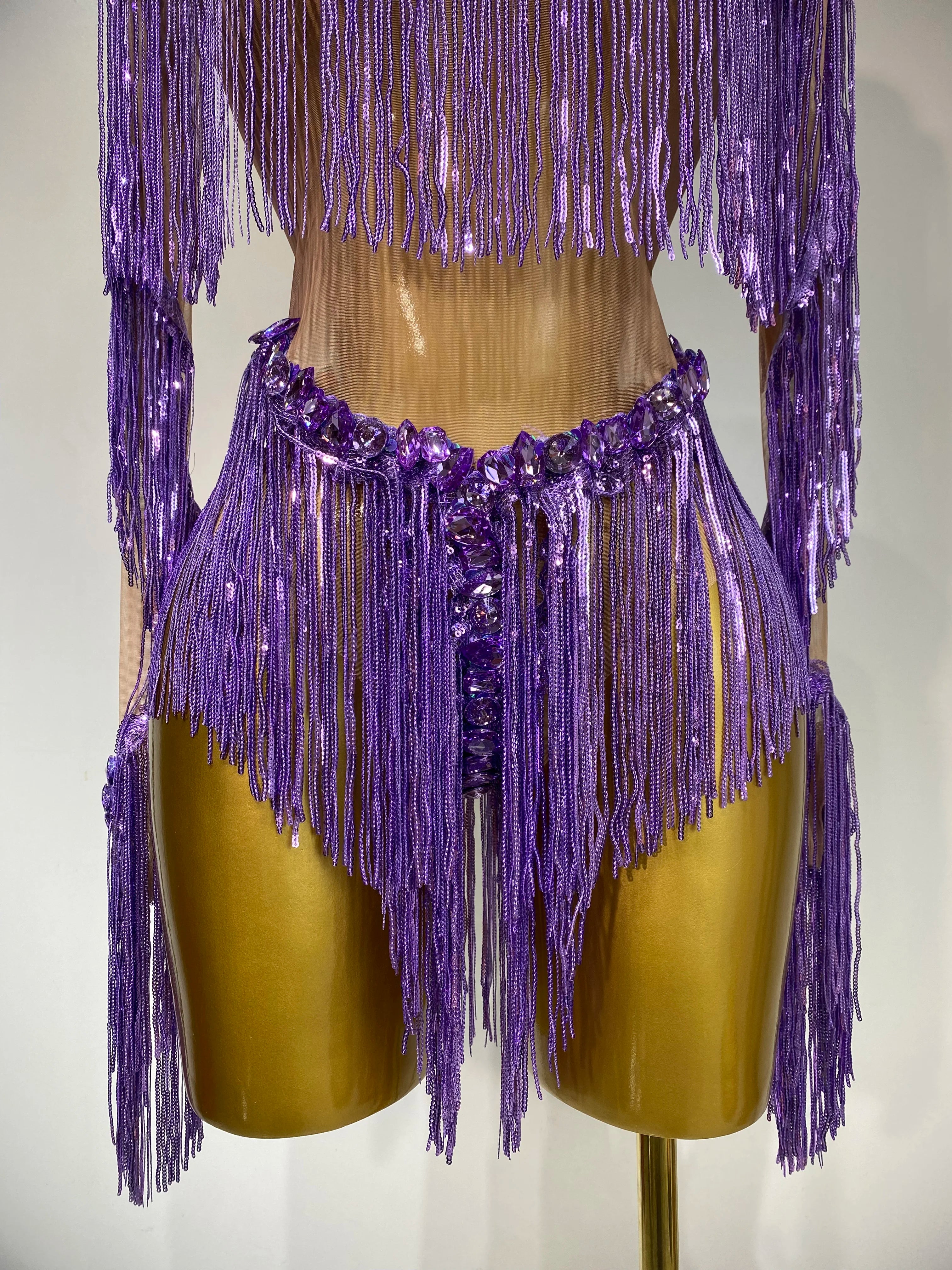 Sparkly Tassel Rhinestones Long Sleeves Sexy Stretch Mesh See Through Bodysuit Women Nightclub Stage Singer Perform Costume