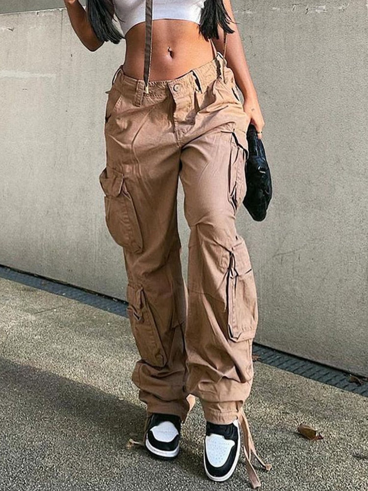 Pantalon Cargo Vintage Baggy Jeans pour femmes, mode Streetwear des années 90, poches, jambes larges, taille haute, pantalon droit en Denim Y2k