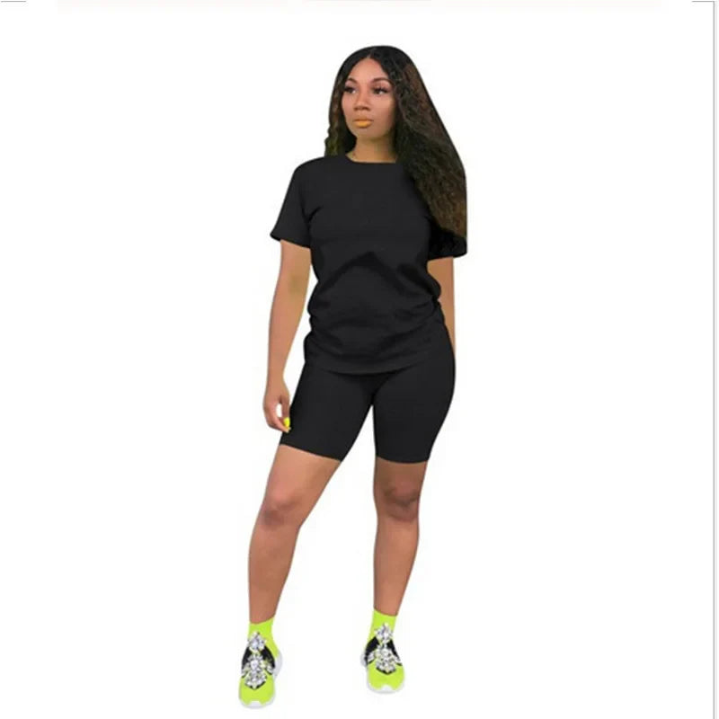 Women Sets Summer Outfit Sportswear Two Piece O-Neck Short Sleeve Tee Gym Tracksuit Jogging Tshirts Casual Style Black