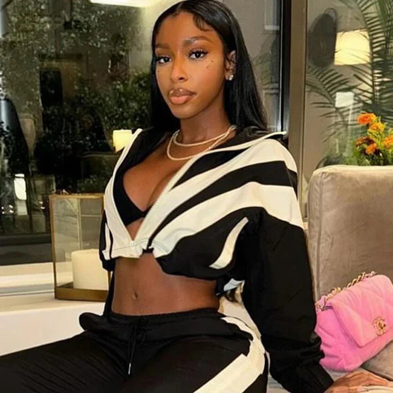 BIIKPIIK Contrast-color Women Tracksuits Sporty Fitness Fashion Two Piece Pants Sets Jacket + Pants Jogging Street Style Outfits Black Jacket ONLY