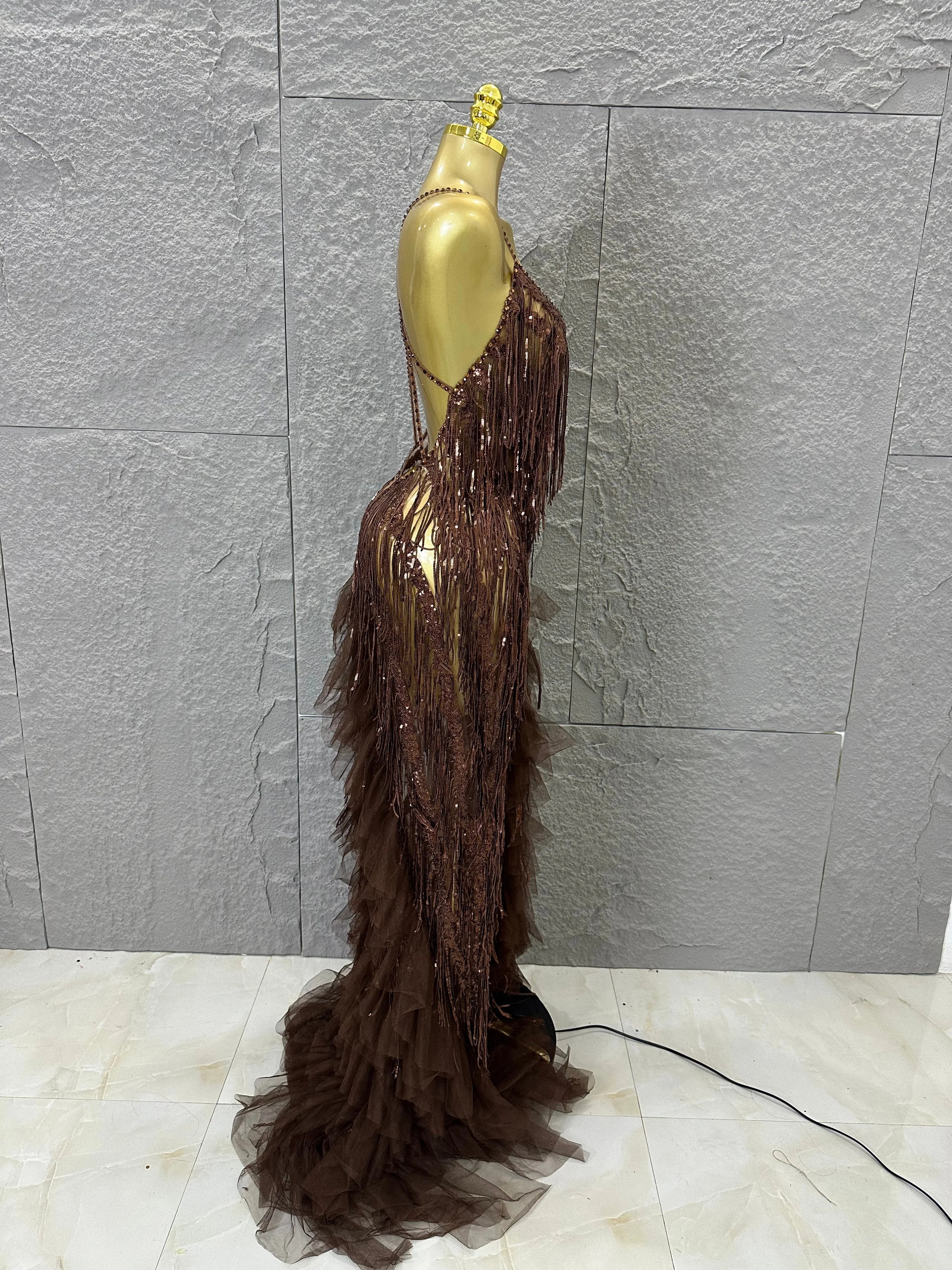 Elegant Brown Floowy Lace Women Sexy Spaghetti Strap V-Neck Tulle Ruffle High Slit Bodycon Outfit Evening Gala Party Costume