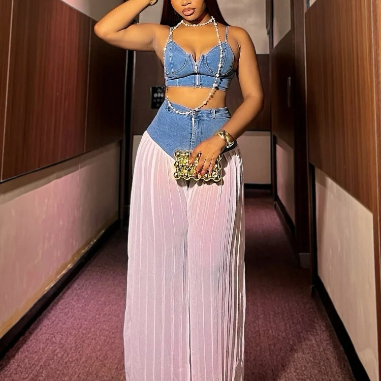 Fashion Denim Chiffon Women's Set Strapless Crop Top and Jeans Pants Suits 2025 Sexy Party Club Two 2 Piece Set Outfits
