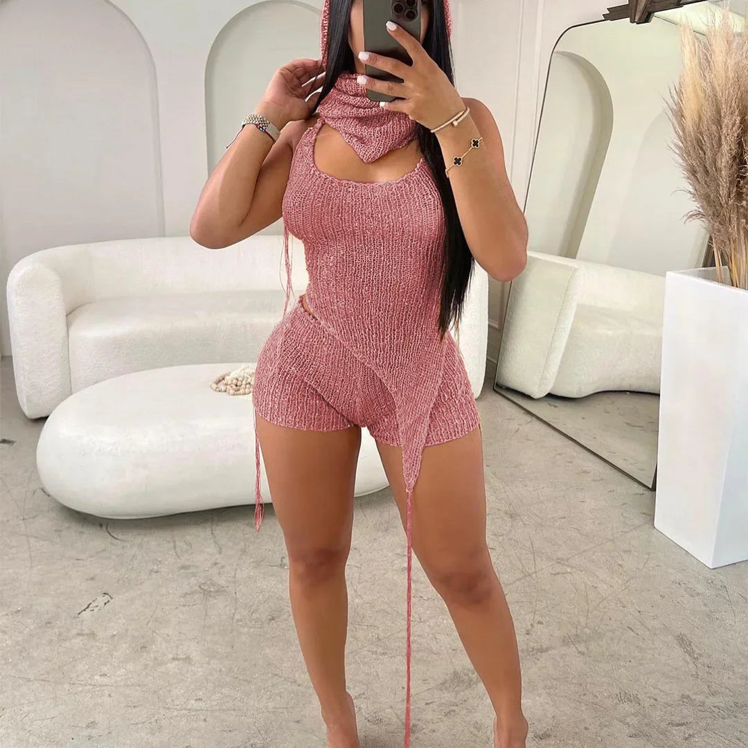 Knit Ribbed Women's Set Halter Neck Backless Crop Top with Hat Shorts Suit 2023 Summer Two 2 Piece Set Outfit Tracksuit Pink