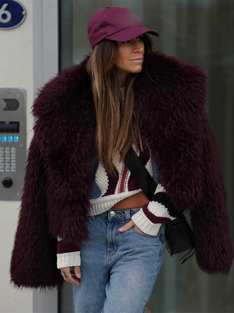 Winter Women's Chic Thermal Furry Faux Fur Coat Fashion Casual Long Sleeve Cardigan Jackets New Female Warm Streetwear  Wine red